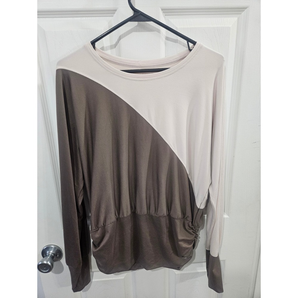 Tahari Sport Womens Colorblock Ruched Long Sleeve Top Taupe Cream Medium‎